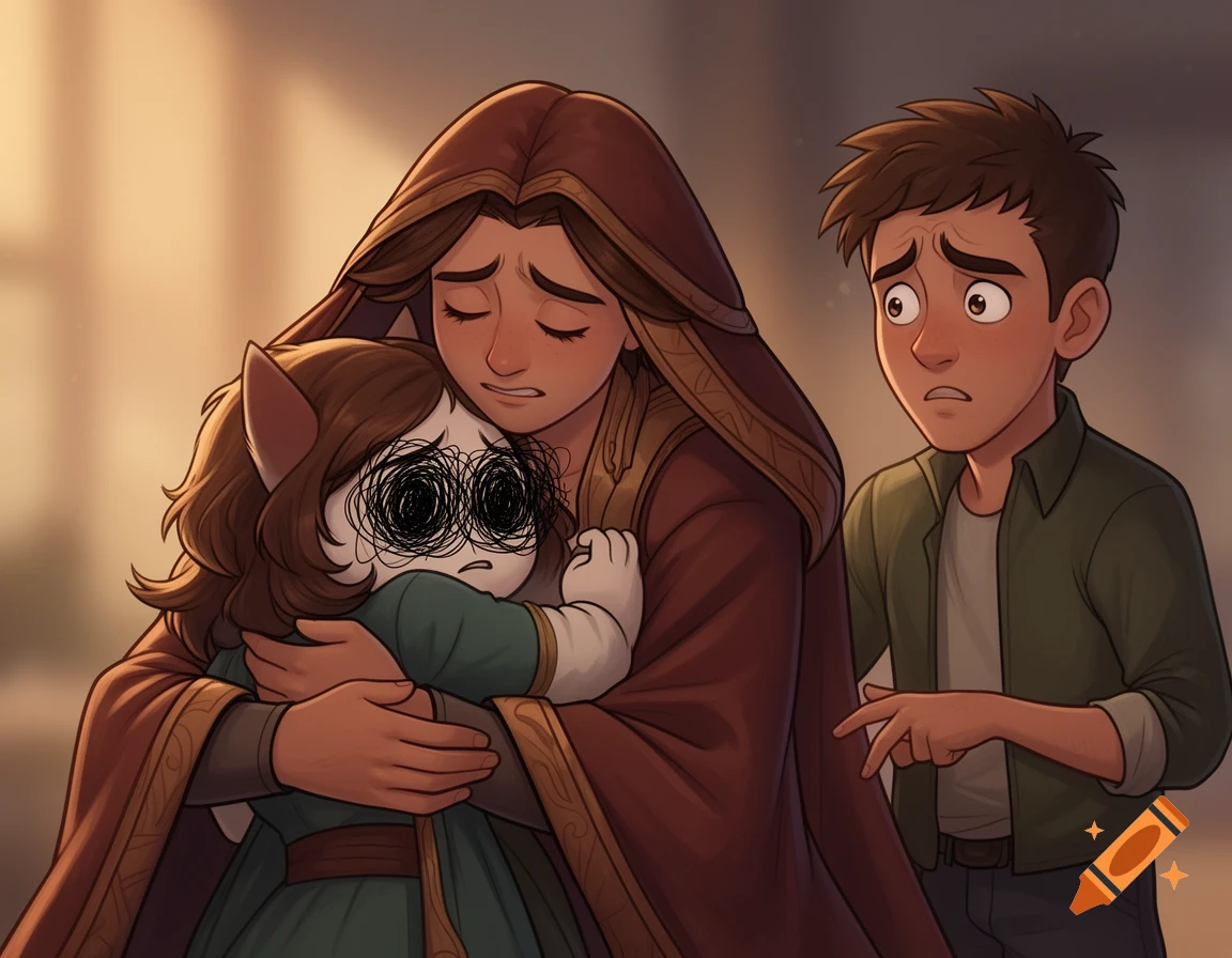 An animated scene shows a woman in a red cloak hugging a small figure with scribbled eyes. A confused man in a green shirt looks at them.