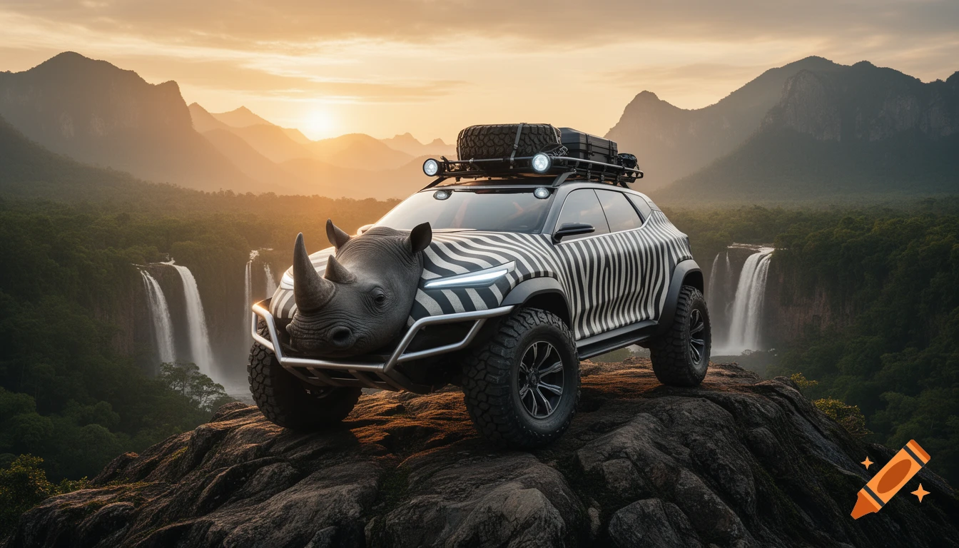Photorealistic custom off-road SUV with a rhino head front and zebra stripes on a cliff overlooking waterfalls and mountains at sunset.