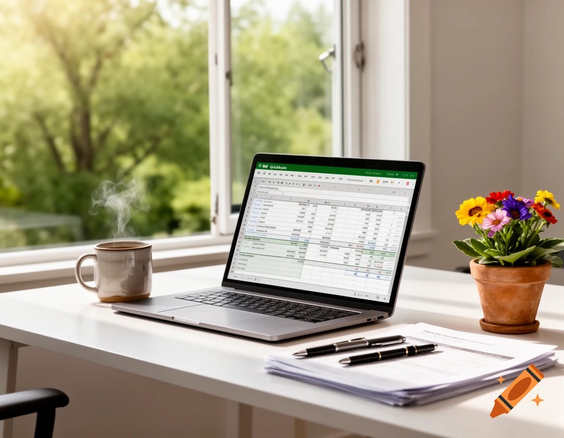 A modern home office desk with a laptop displaying a spreadsheet, coffee, pens, documents, and a potted plant, with a window view of lush trees.