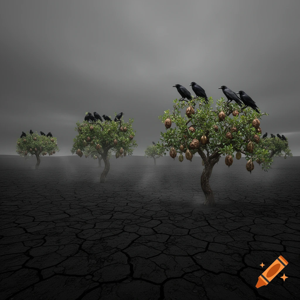 A dark, cracked desert landscape with several green trees bearing unusual dried fruits, each topped with a flock of black crows, under a gloomy sky with a hint of mist.