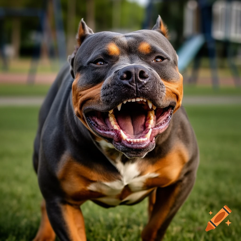 Close-up of a blue-nosed pit bull with tan markings, mouth open revealing teeth, in a grassy park.