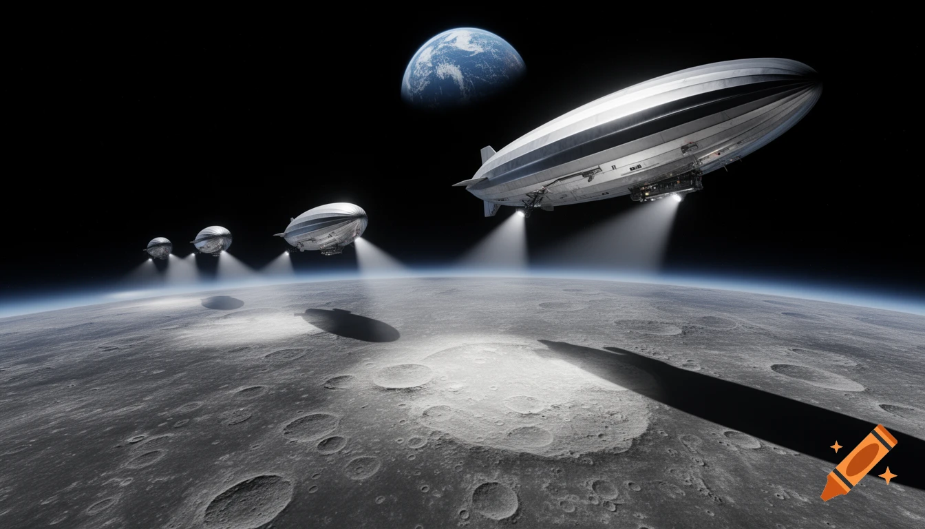 Several silver zeppelins with searchlights fly over a cratered moon surface, casting long shadows, with Earth visible in the dark space background.
