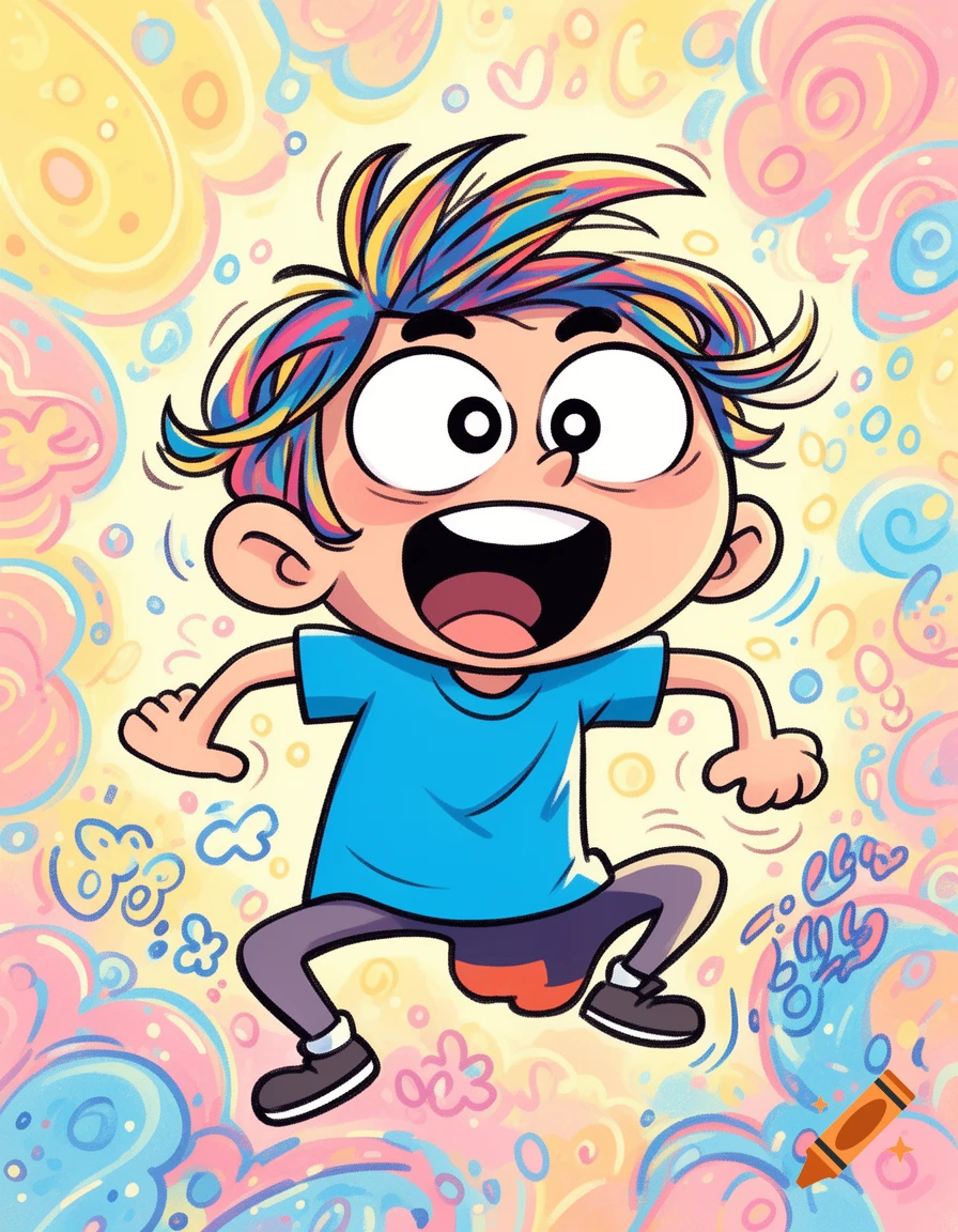 A cartoon boy with multi-colored hair and a blue shirt jumps with a wide smile against a vibrant, abstract pastel background.