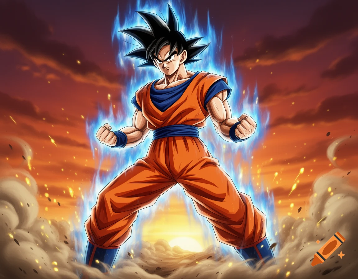 Goku from Dragon Ball stands powerfully with a blue aura, fists clenched, against an orange sky with fiery explosions.