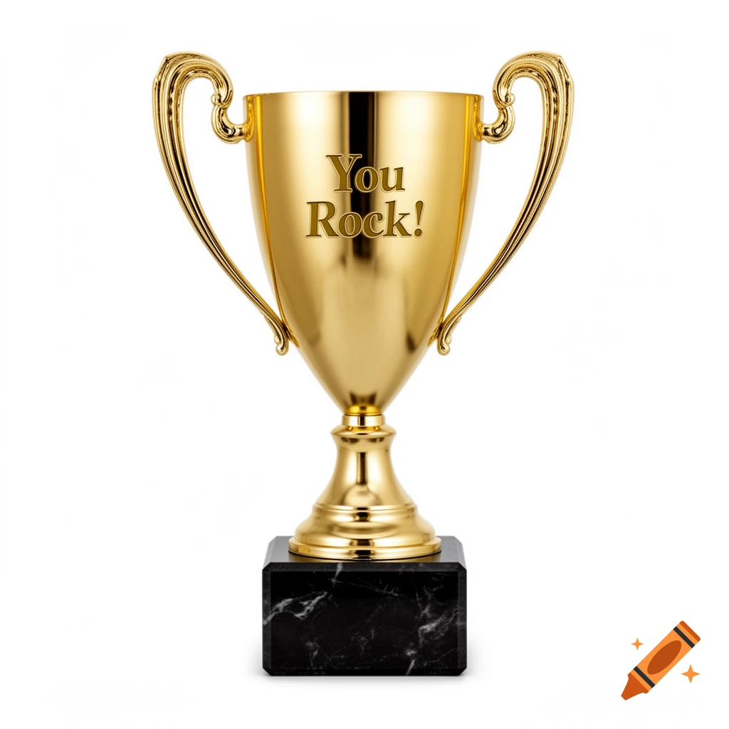 A shiny gold trophy with the words "You Rock!" engraved on its front, standing on a black marble base against a white background.