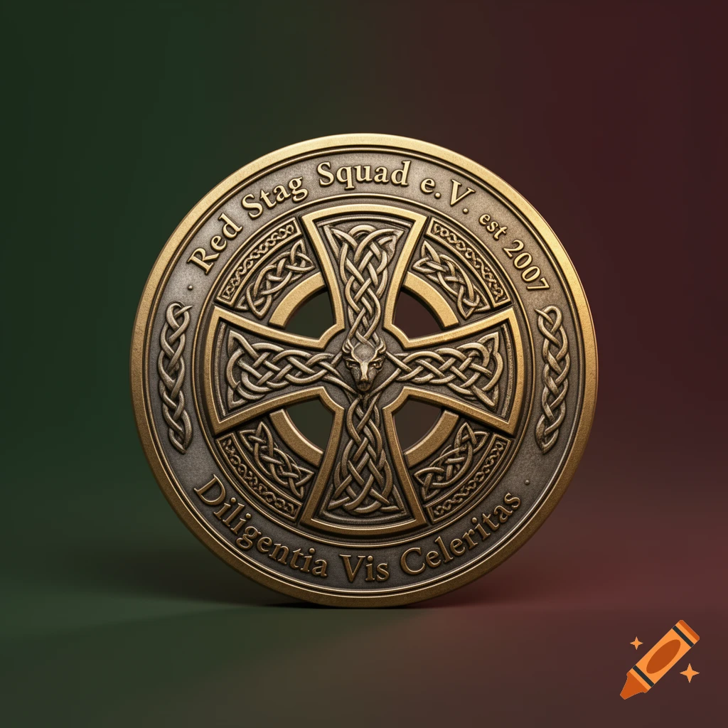 A detailed, circular bronze medal featuring a Celtic cross with knotwork and a stag's head, inscribed with 'Red Stag Squad e.V. est 2007 Diligentia Vis Celeritas' on its rim.