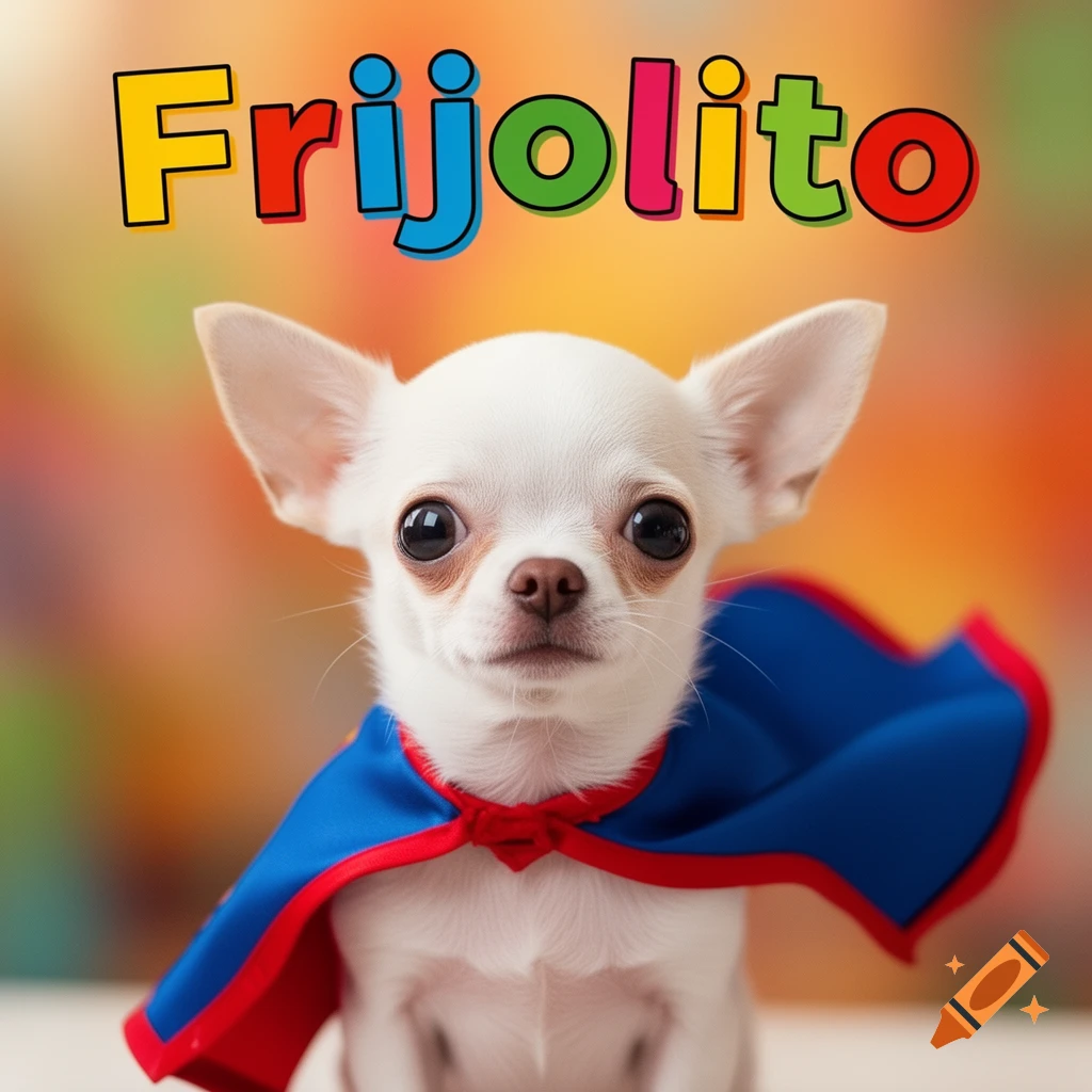 A cute white chihuahua with large dark eyes wears a blue and red cape, with the colorful word 'Frijolito' floating above its head.