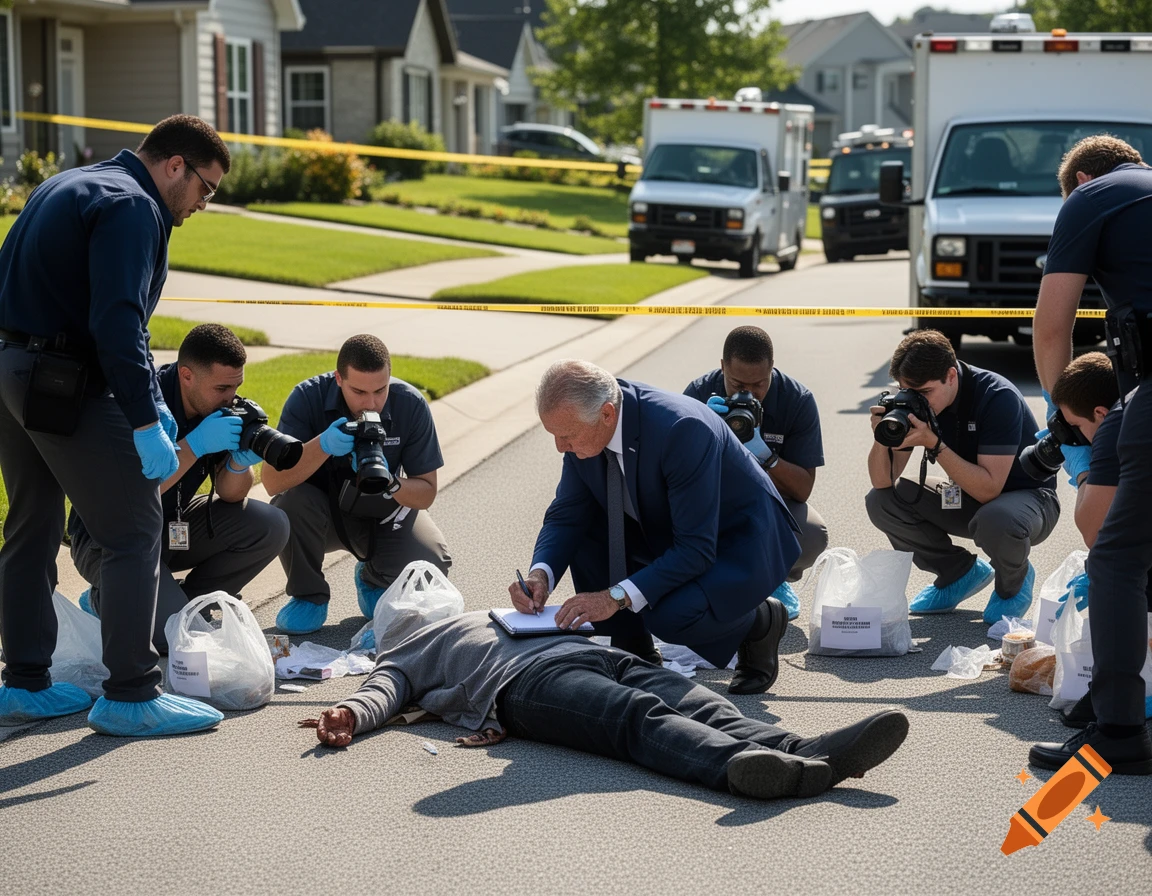 Detectives and investigators work a photorealistic crime scene in a sunny neighborhood, with one examining a body on the asphalt.