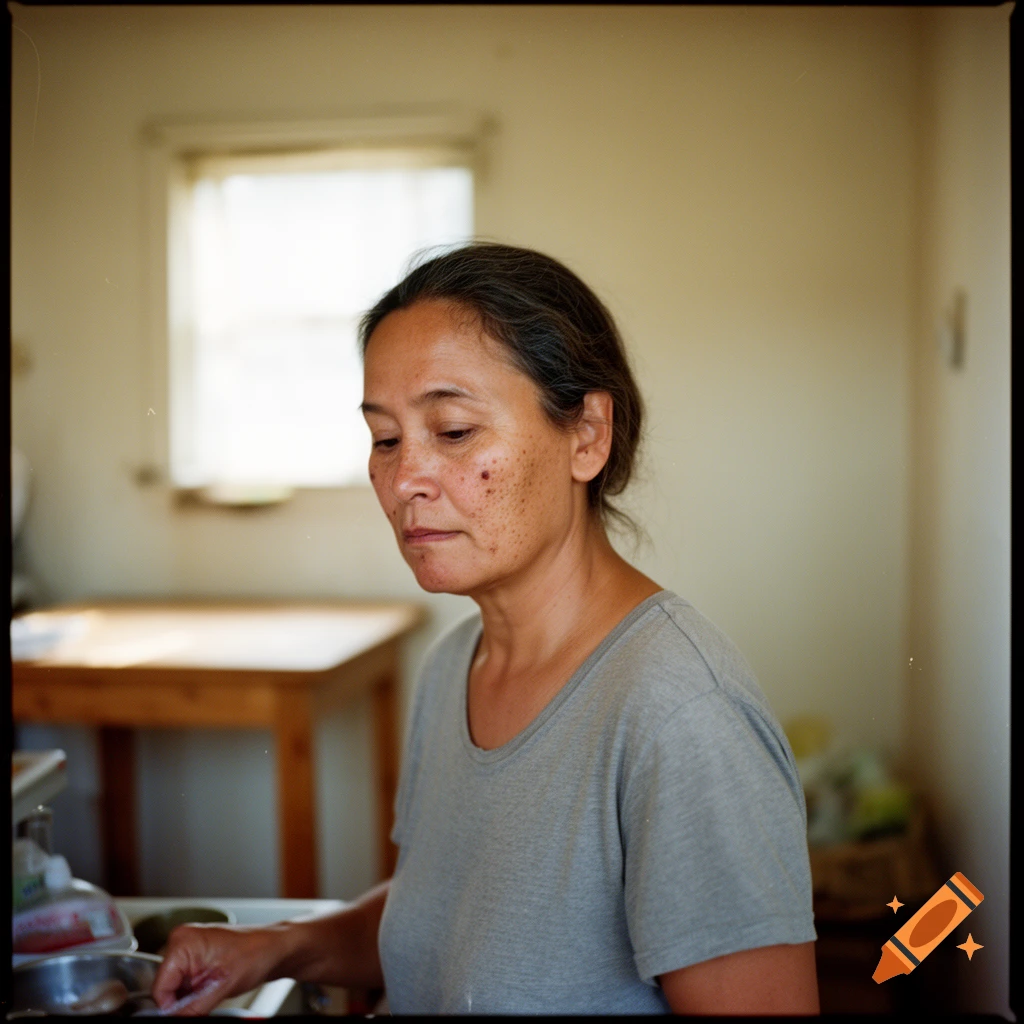 A candid film portrait of a woman with dark hair and a gray t-shirt, looking down. A window and table are blurred in the background.
