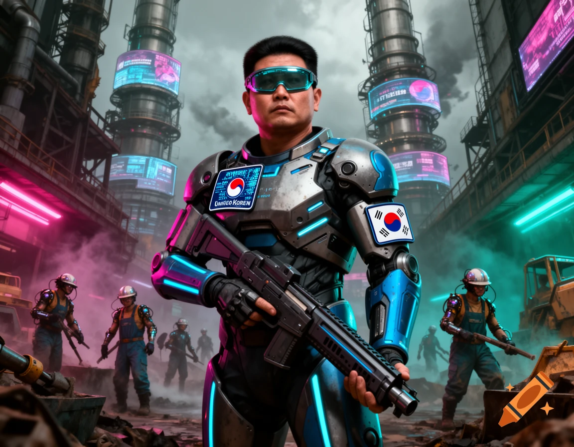 A hyperrealistic image of an armed man in blue and silver futuristic armor and goggles, holding a rifle, standing in a cyberpunk industrial landscape with workers and glowing neon signs.