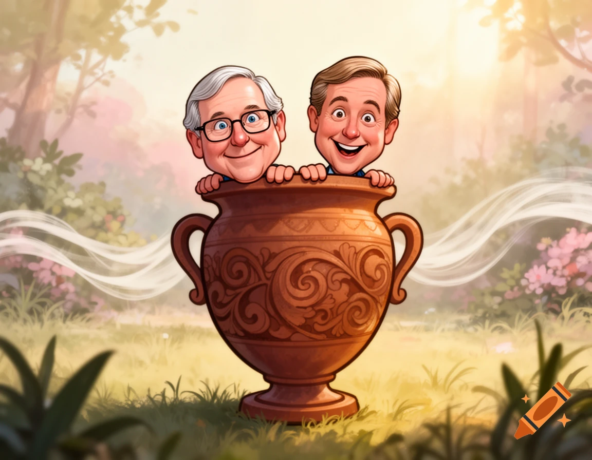 Cartoon caricatures of Mitch McConnell and Lindsey Graham smile as they peek out of a decorative urn in a sunny forest.