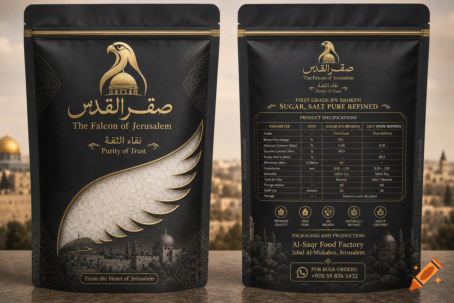 Two black and gold product pouches, one showing 'The Falcon of Jerusalem' branding with sugar, the other detailing product specifications.