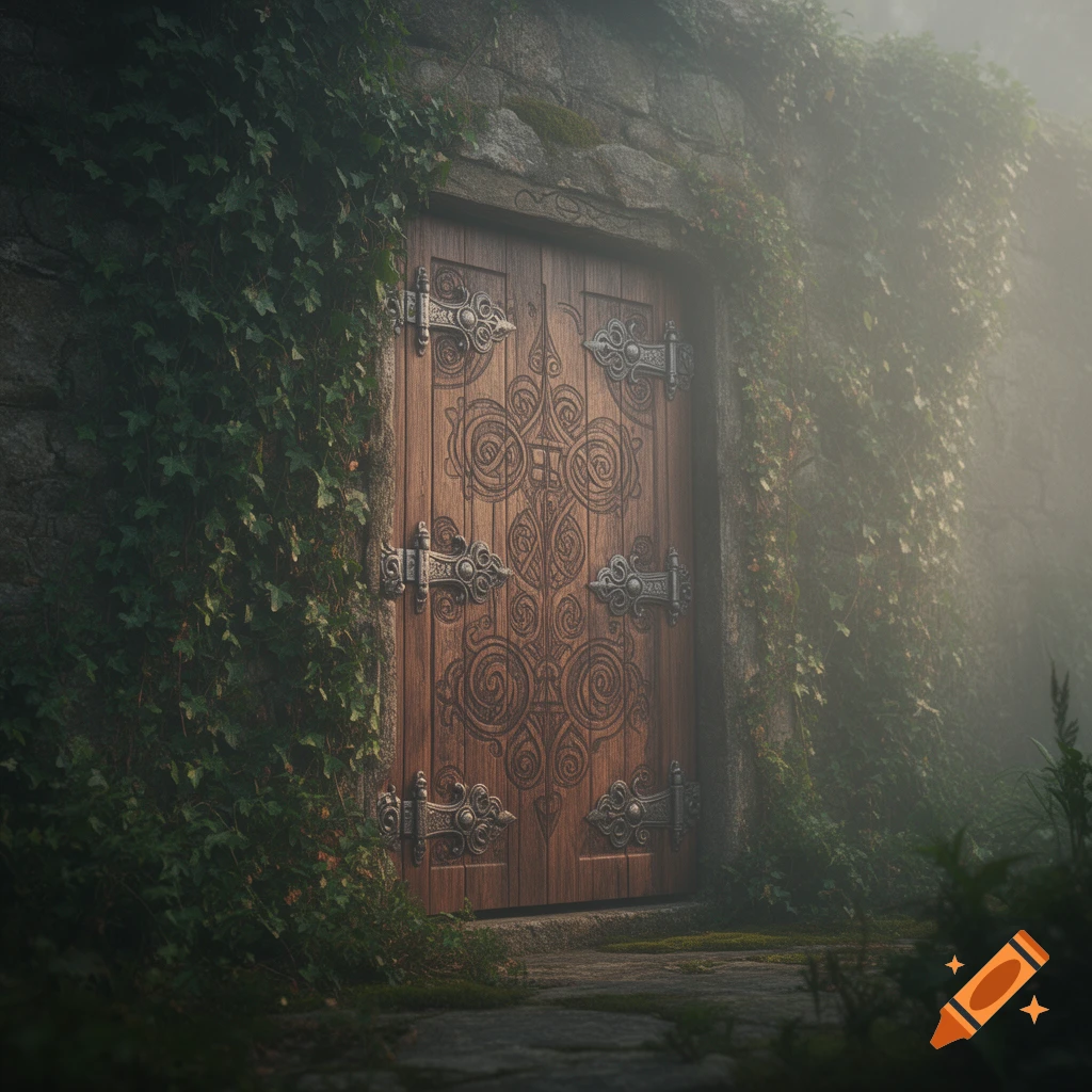 A mysterious wooden door with intricate carvings and metal hinges, set in an ivy-covered stone wall shrouded in mist.