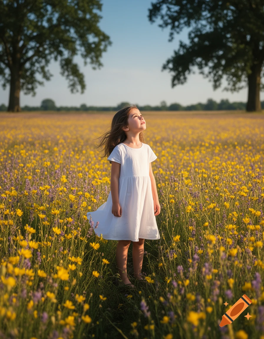 A young girl in a white dress stands in a vibrant field of yellow and purple flowers, looking up at the sky.