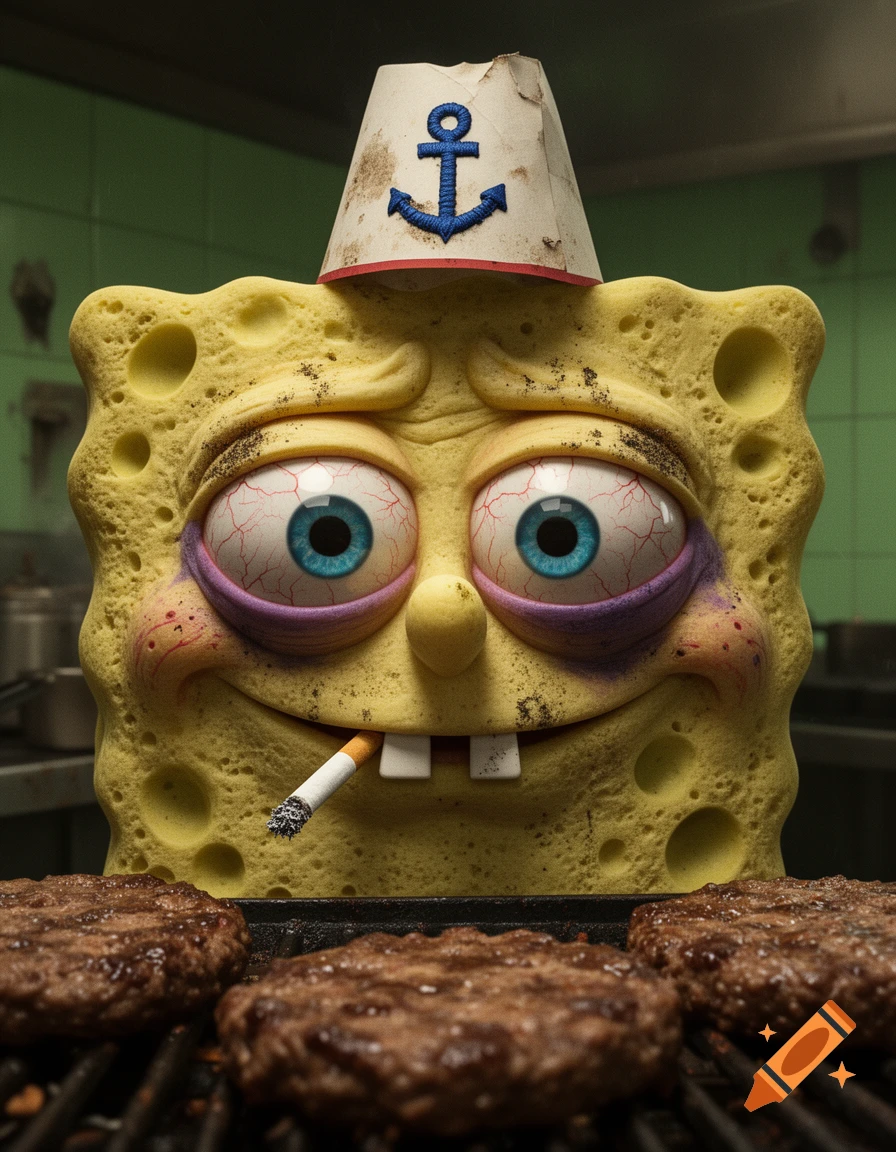Photorealistic horror Spongebob SquarePants, exhausted with bloodshot eyes, smoking a cigarette in a greasy kitchen with hamburgers on a grill.