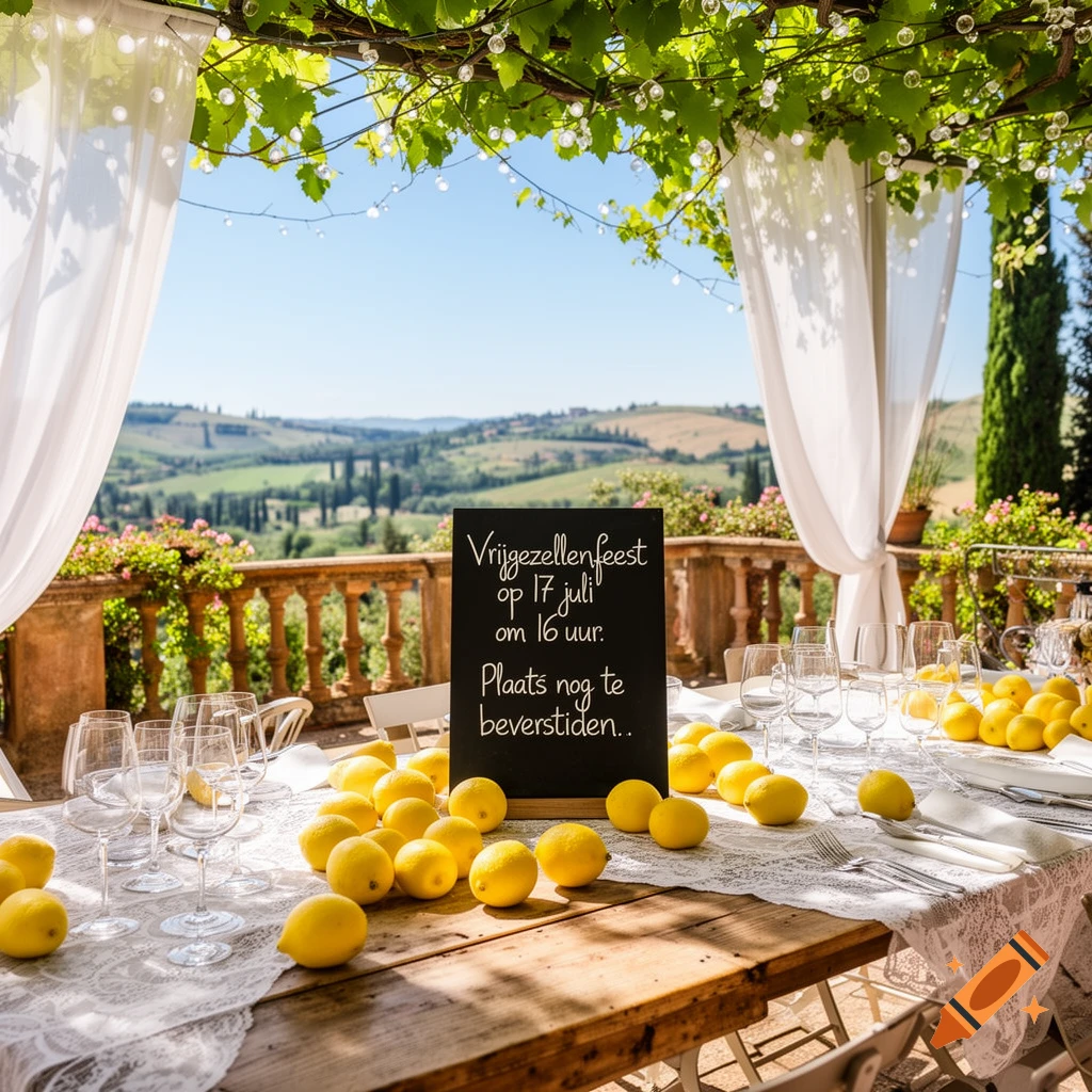 A picturesque outdoor table setting with lemons, glassware, and a chalkboard sign, overlooking a Tuscan landscape.