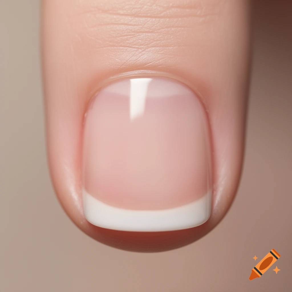 Close-up of a finger with a perfectly manicured French nail, showing a pink base and white tip.