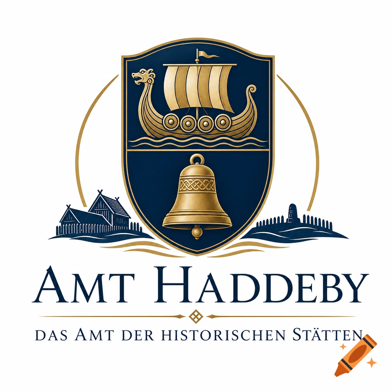 Logo featuring a dark blue shield with a golden Viking longship, a golden bell, stylized buildings, and the text 'AMT HADDEBY DAS AMT DER HISTORISCHEN STÄTTEN'.