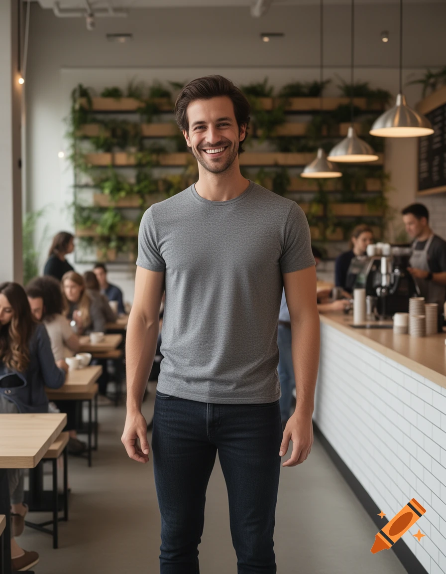 A charismatic brunette man in a gray t-shirt and dark jeans smiles at the viewer, standing in a modern cafe with plants on the wall, photorealistic.
