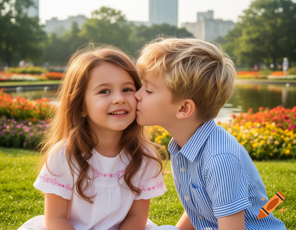 A young boy kisses a smiling girl on the cheek in a sunny park with colorful flowers.