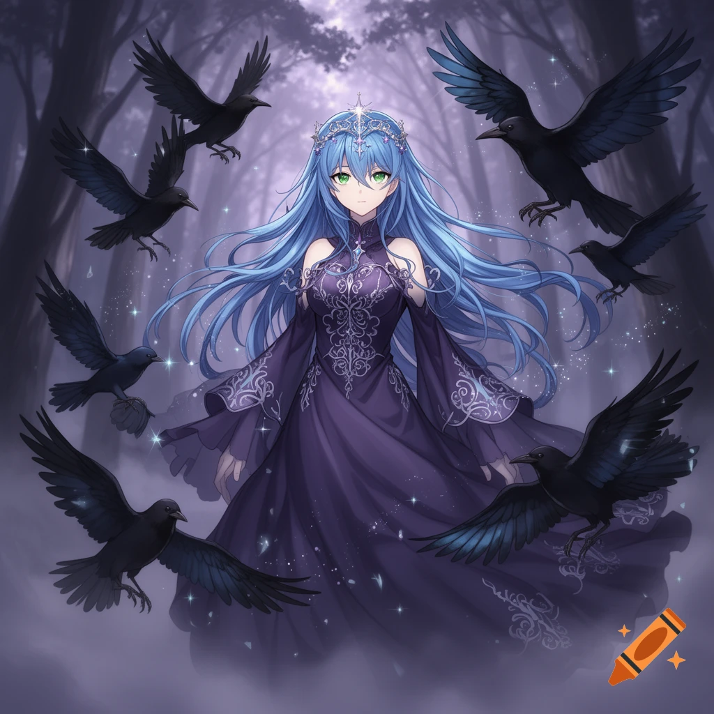 An anime magical girl with long blue hair and a dark purple dress stands in a mystical forest surrounded by flying crows.