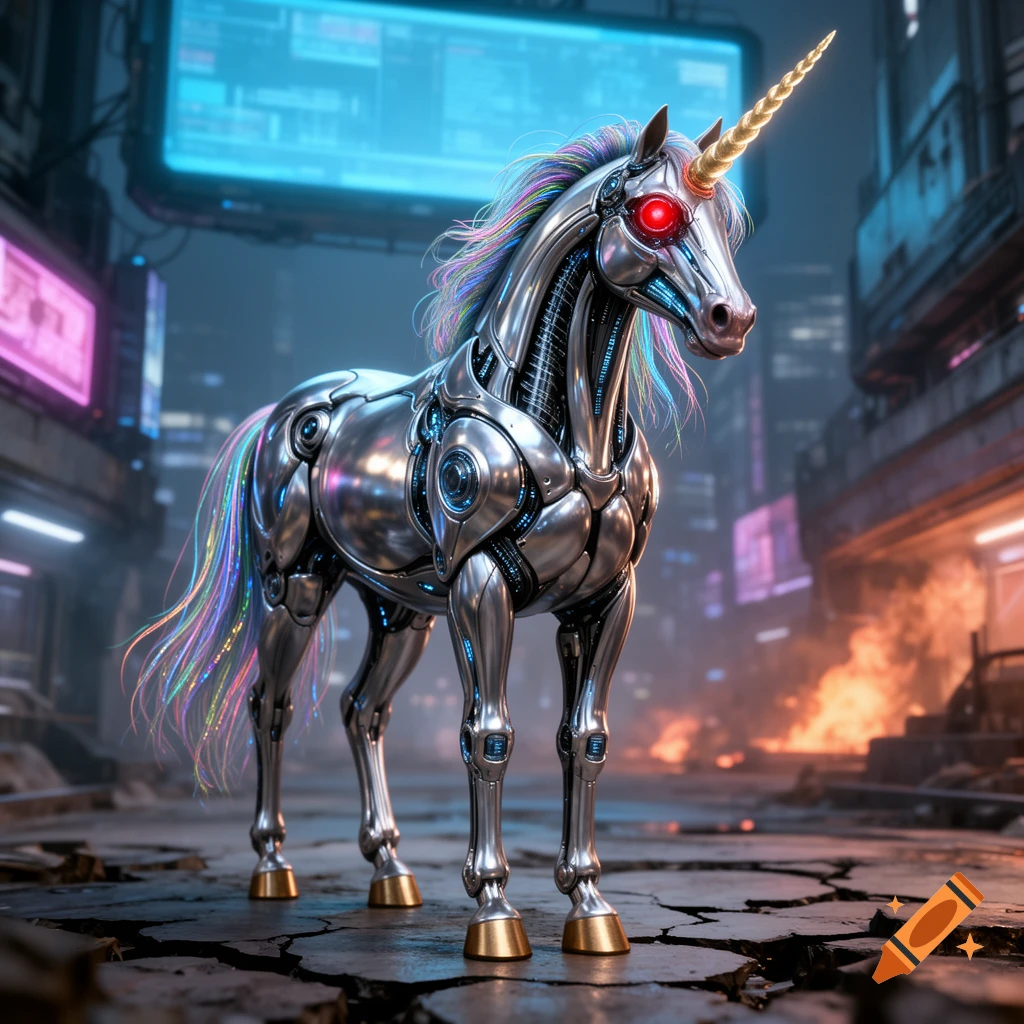 Robotic unicorn with glowing red eyes, rainbow mane, and golden horn stands on cracked ground in a dark, dystopian cyberpunk city with neon signs.