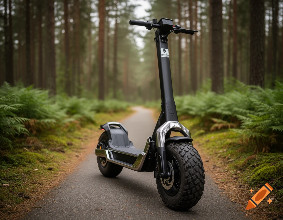 A black electric scooter with knobby tires parked on a paved path winding through a misty forest.