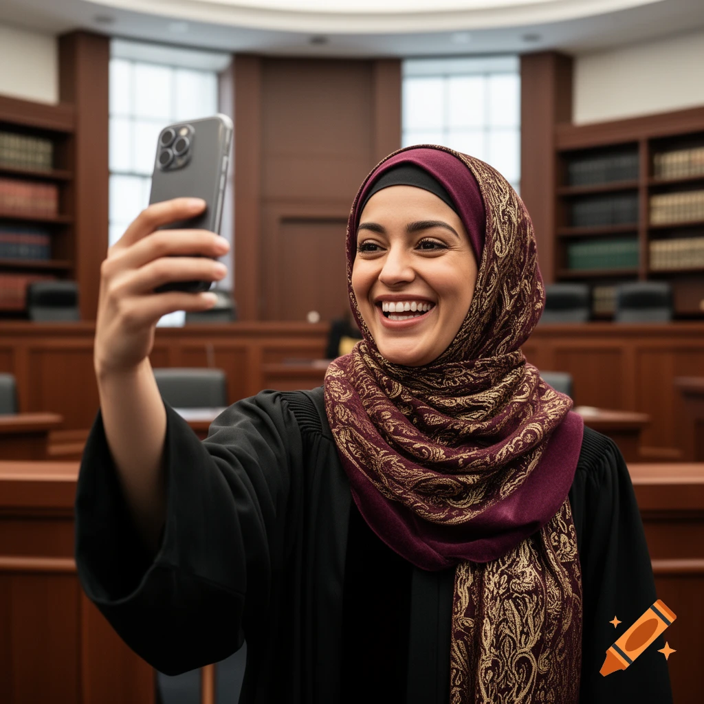 A smiling woman in a black judicial robe and a burgundy and gold patterned hijab takes a selfie in a courtroom.