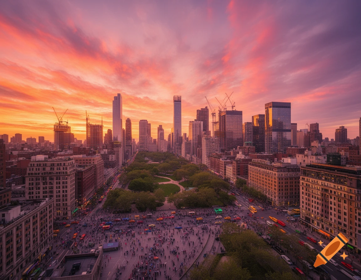 Aerial view of a bustling city at sunset, with tall buildings, a central park, and crowded streets under a vibrant sky.