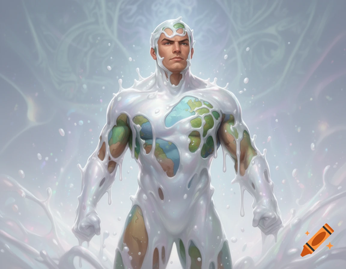 Muscular man with earth continents on his body, partially covered in dripping white slime, looking forward.