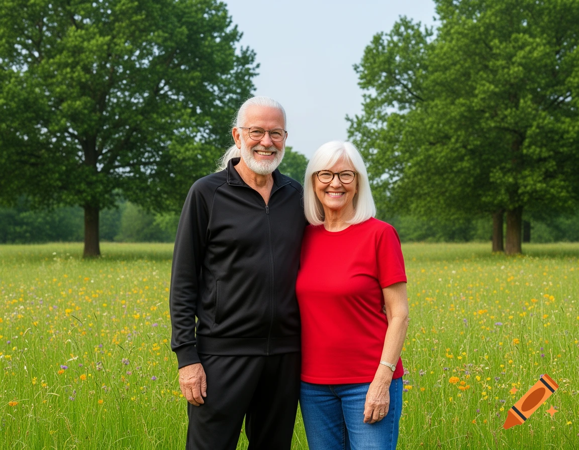 A smiling elderly couple with white hair and glasses stands in a vibrant green field with wildflowers and trees.