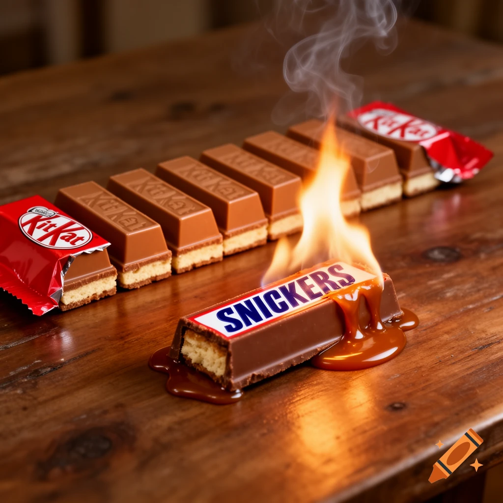 Photorealistic image of a Snickers bar burning with flames and melting caramel on a wooden table, with Kit Kat bars in the background.