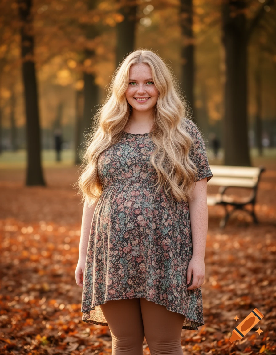A smiling blonde woman with green eyes and a floral dress stands in an autumn park with fallen leaves.