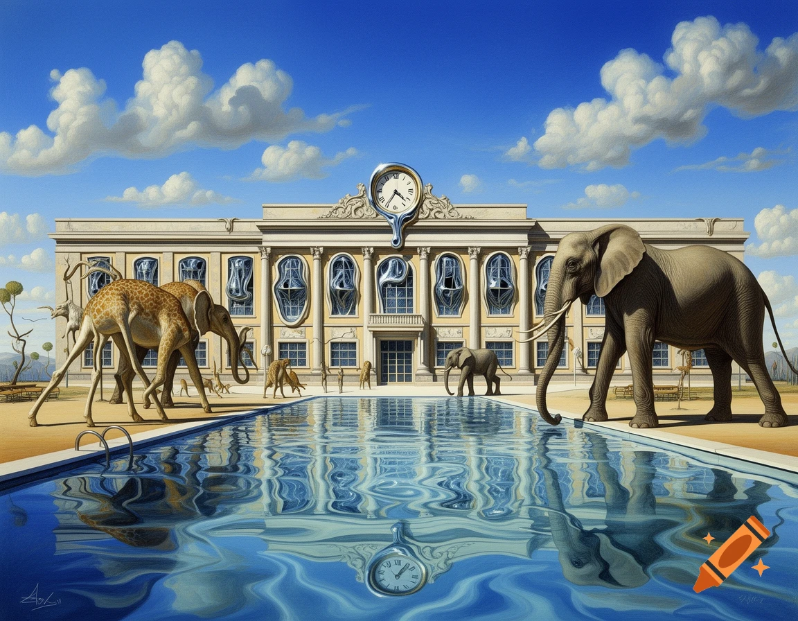 Surreal painting of elephants and giraffes around a melting school building and swimming pool under a blue sky.