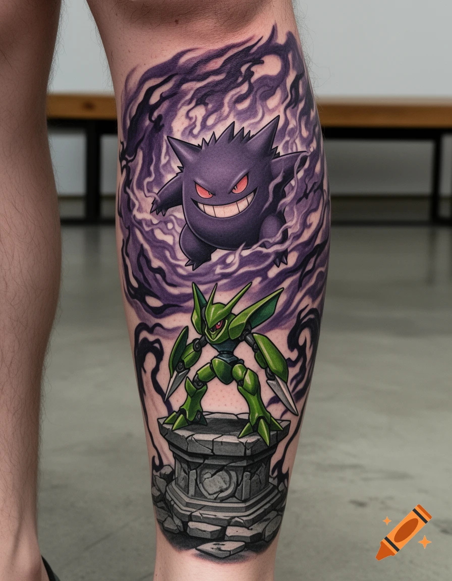 A vibrant neo-traditional tattoo on a man's calf featuring Gengar surrounded by purple energy above a green Scizor on a stone pedestal.