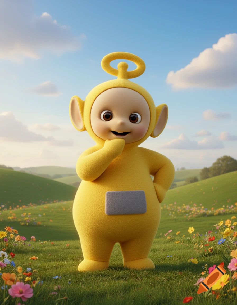 A cute, yellow, plush Teletubby-like character with a loop antenna stands in a sunny, green field with wildflowers.