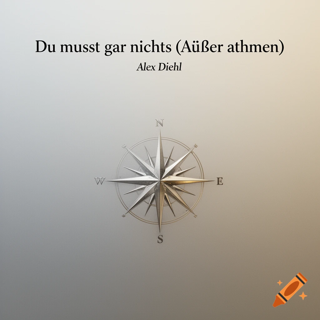 A metallic compass on a light gradient background, with the German text "Du musst gar nichts (Außer atmen)" and "Alex Diehl" above it.