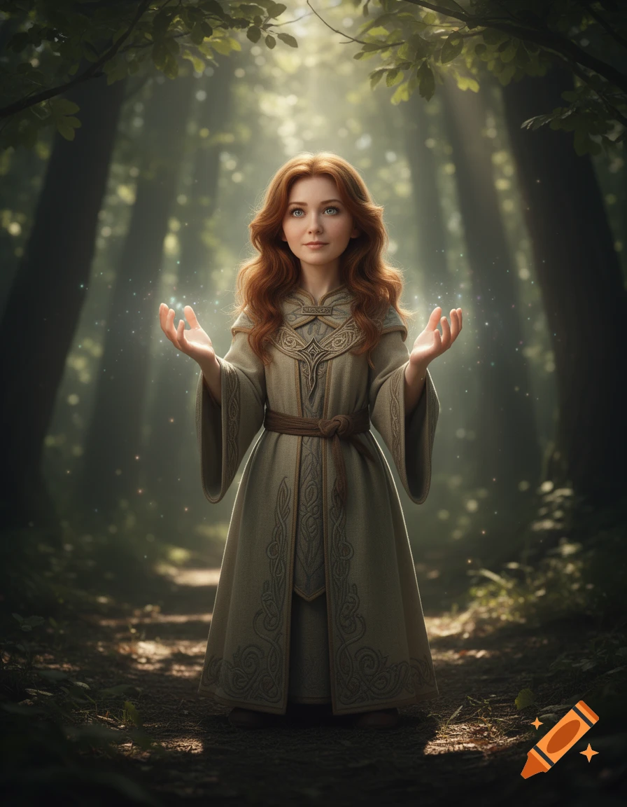 A young, red-haired female cleric in a gray robe stands with open hands, conjuring magic in a sunlit fantasy forest.