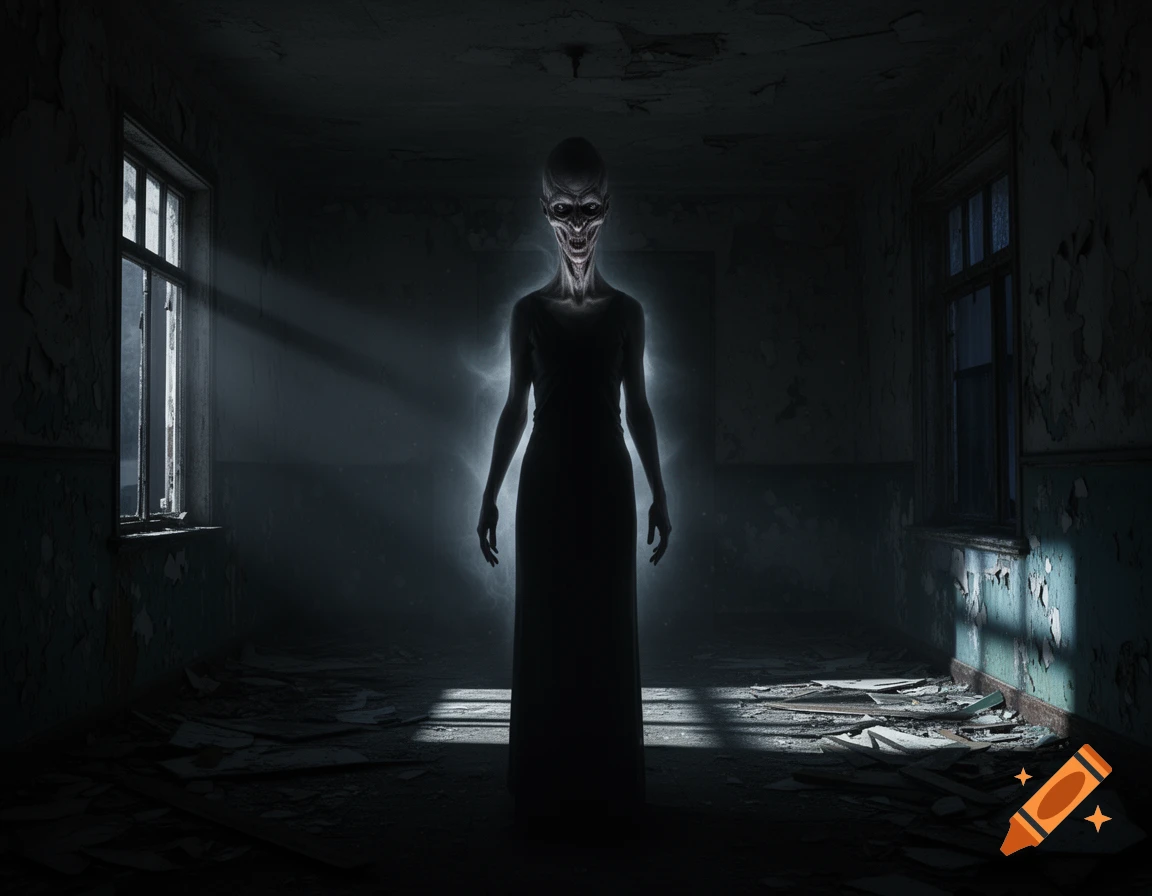 A monstrous, pale creature with a contorted face stands in the dark, abandoned room, backlit by light from windows.