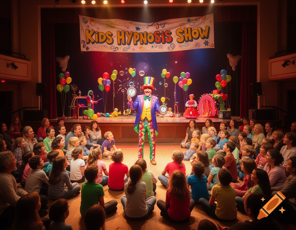 A colorful magician in a top hat performs a hypnosis show on stage for a large audience of children and adults sitting on the floor.
