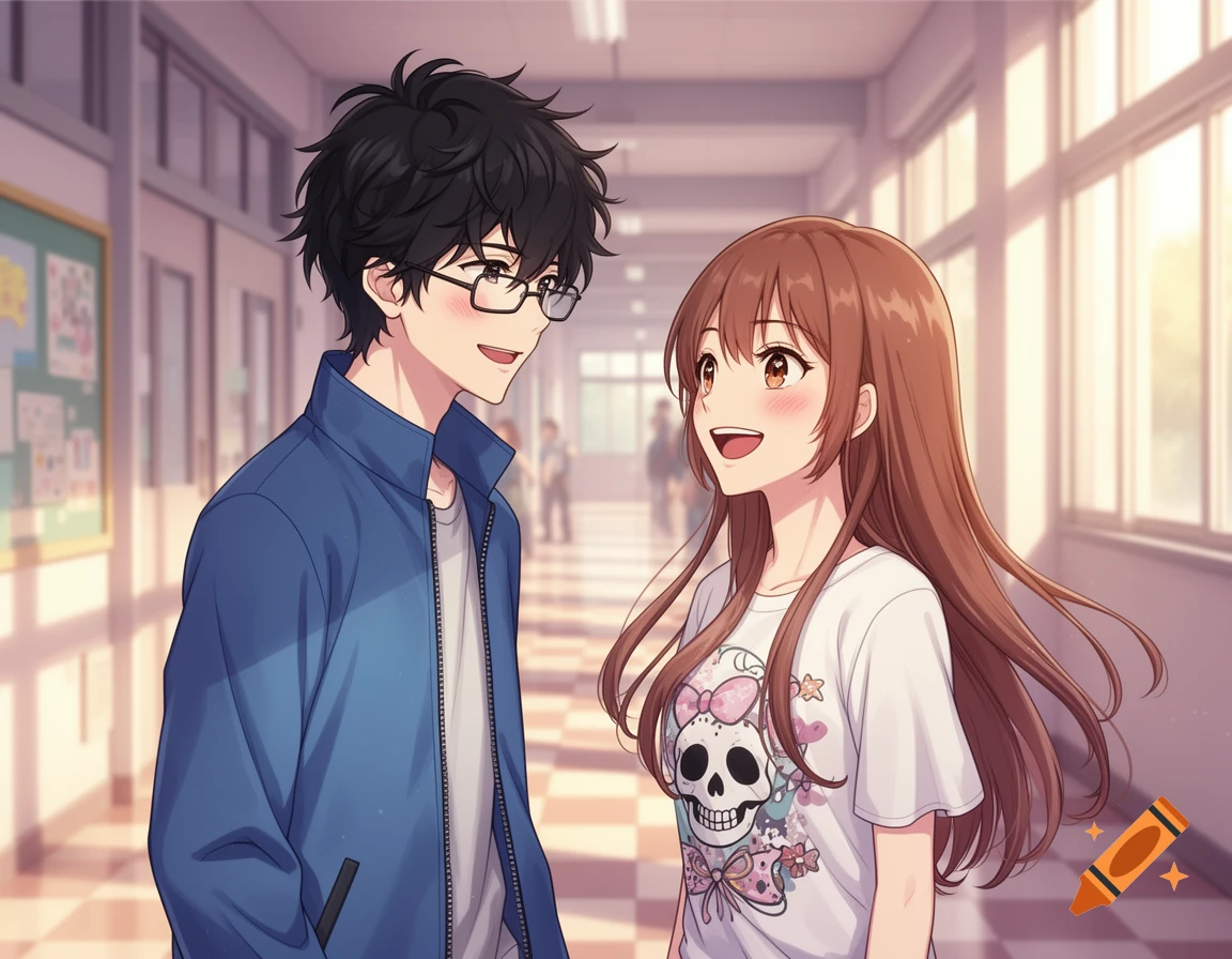 Anime illustration of a boy with black hair and glasses and a girl with long brown hair, both laughing in a school hallway.