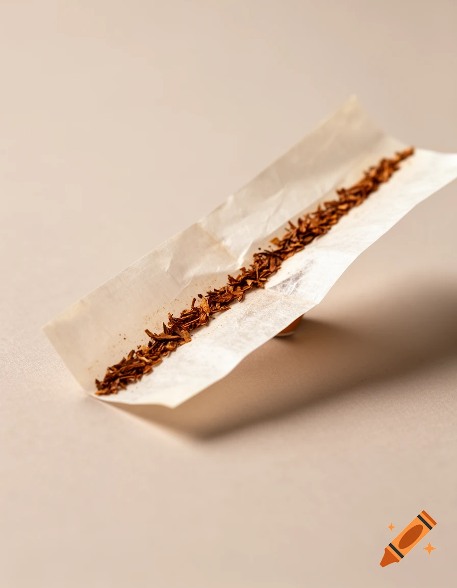 A close-up of a white rolling paper with a line of loose brown tobacco on a light beige surface.