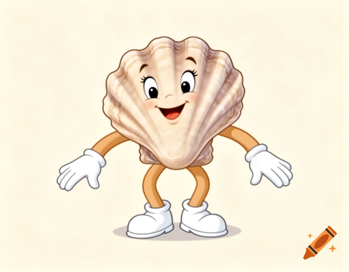 A happy 2D cartoon anthropomorphic oyster with tan arms, legs, white gloves, and white shoes.