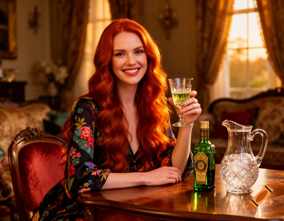 A smiling woman with long red hair in a floral dress sits at an ornate table, holding a glass of green absinthe.