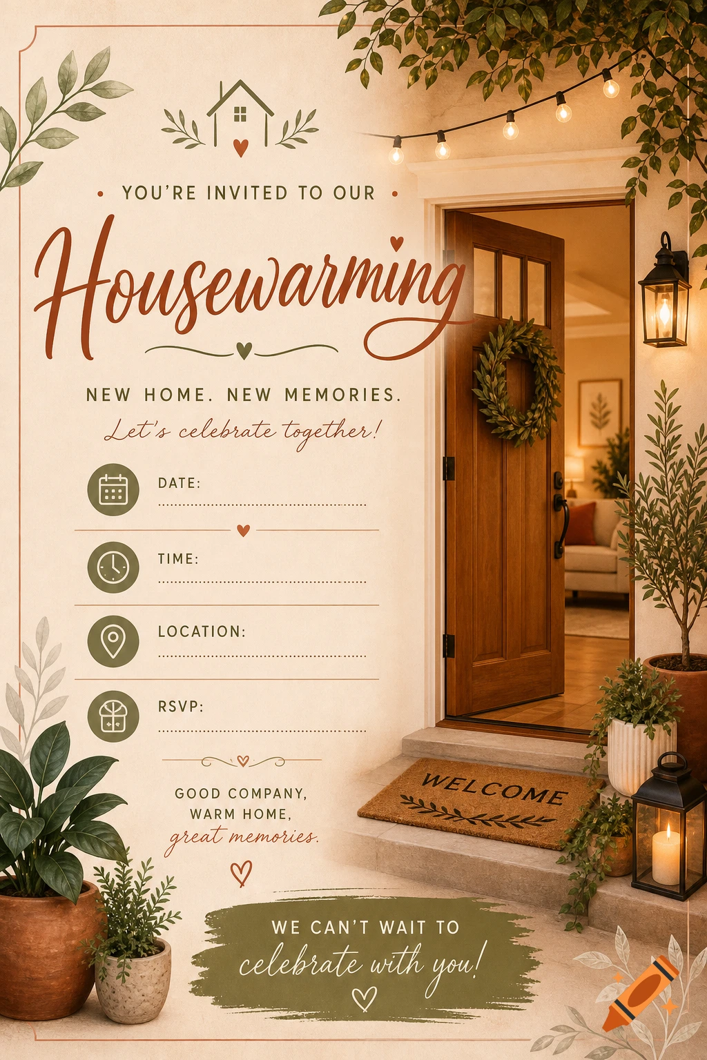 Housewarming invitation featuring a welcoming home entrance with an open door, wreath, string lights, potted plants, and text.