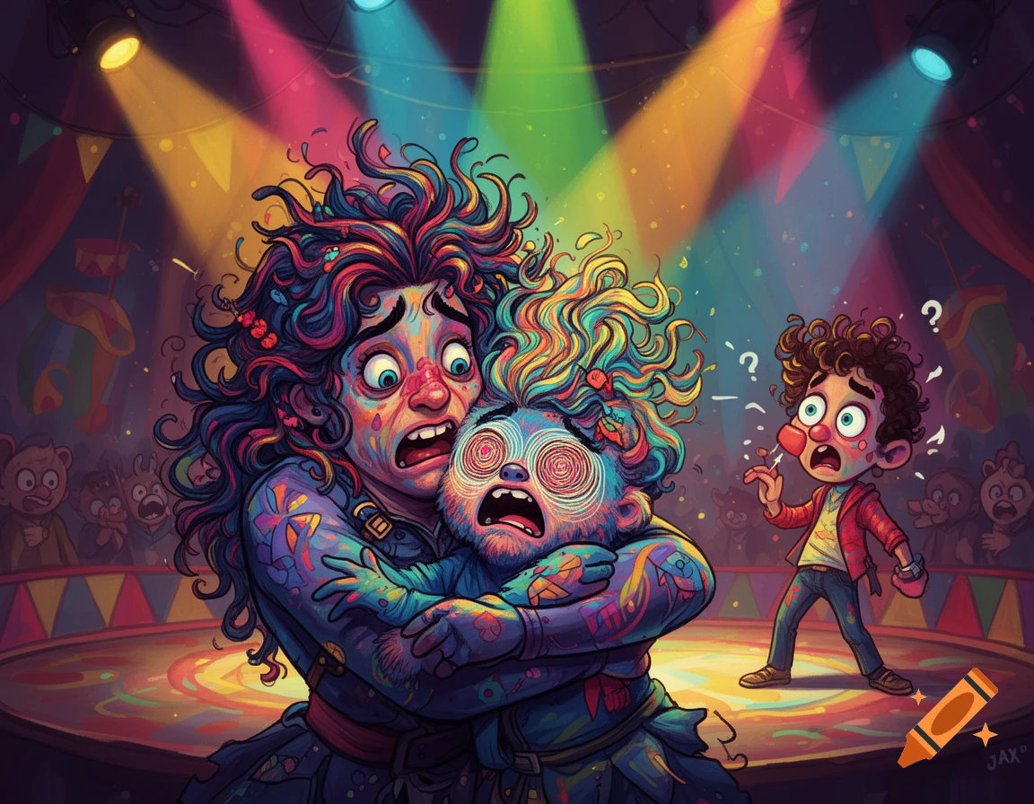 Vibrant cartoon illustration of Raggatha hugging a distressed Pomni with swirly eyes on a colorful circus stage, as Jax watches confused.