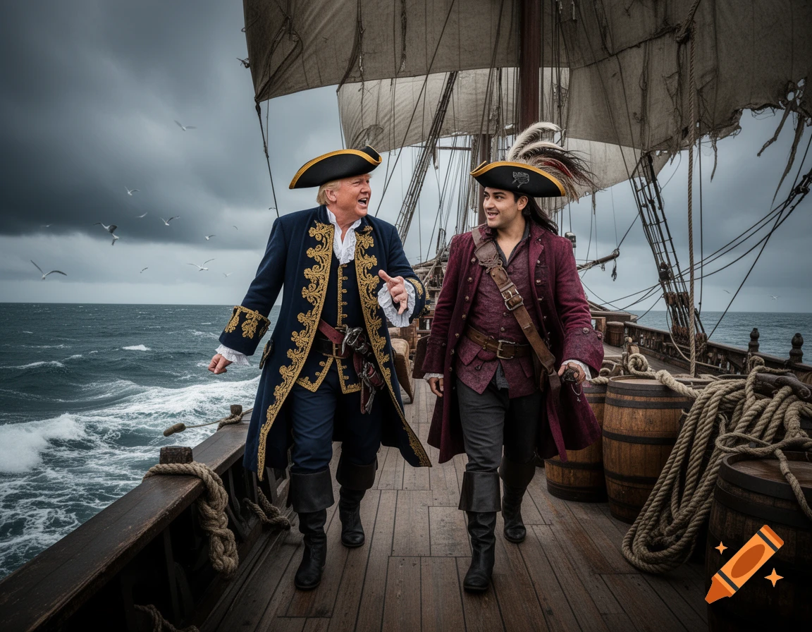 Photorealistic image of Donald Trump and Marco Rubio dressed as pirates, walking and smiling on a ship deck at sea under a stormy sky.