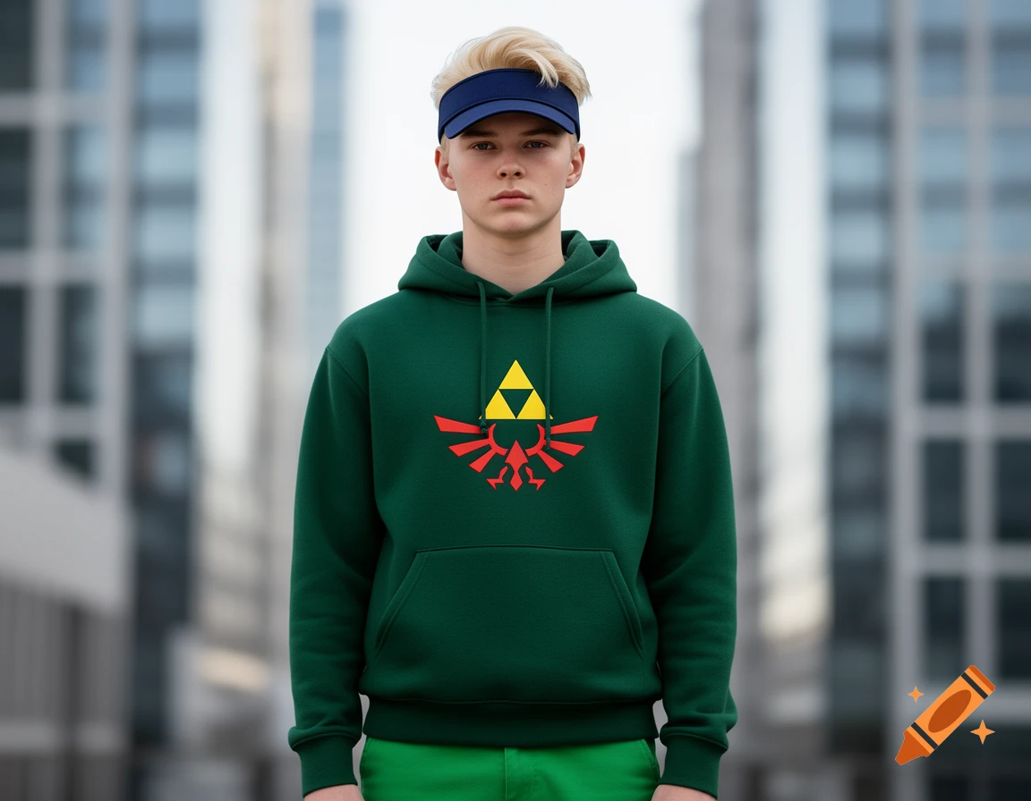 A blond-haired young man in a dark green Zelda hoodie, green pants, and a dark blue visor stands against a blurred city background.