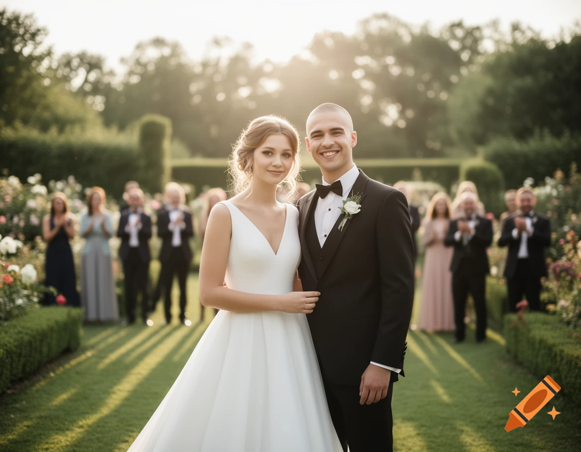 A smiling bride and groom pose in a garden, with blurred wedding guests clapping in the sunlit background.