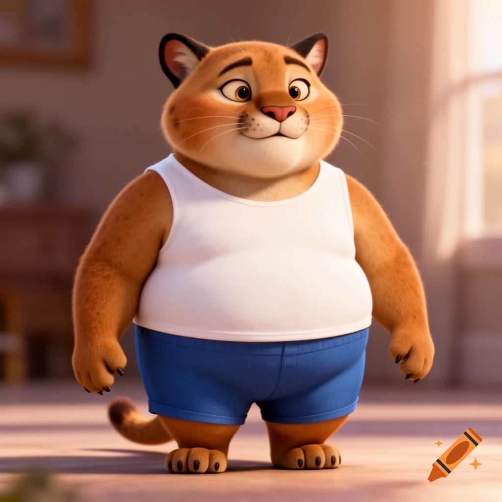 A chubby, cartoon cougar wearing a white tank top and blue shorts stands smiling in a brightly lit room.